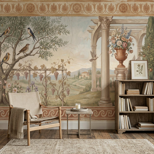 Mediterranean Landscape Wallpaper Classical Fresco Greek Key Border Removable Wall Decor