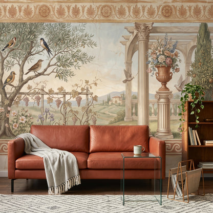 Mediterranean Landscape Wallpaper Classical Fresco Greek Key Border Removable Wall Decor