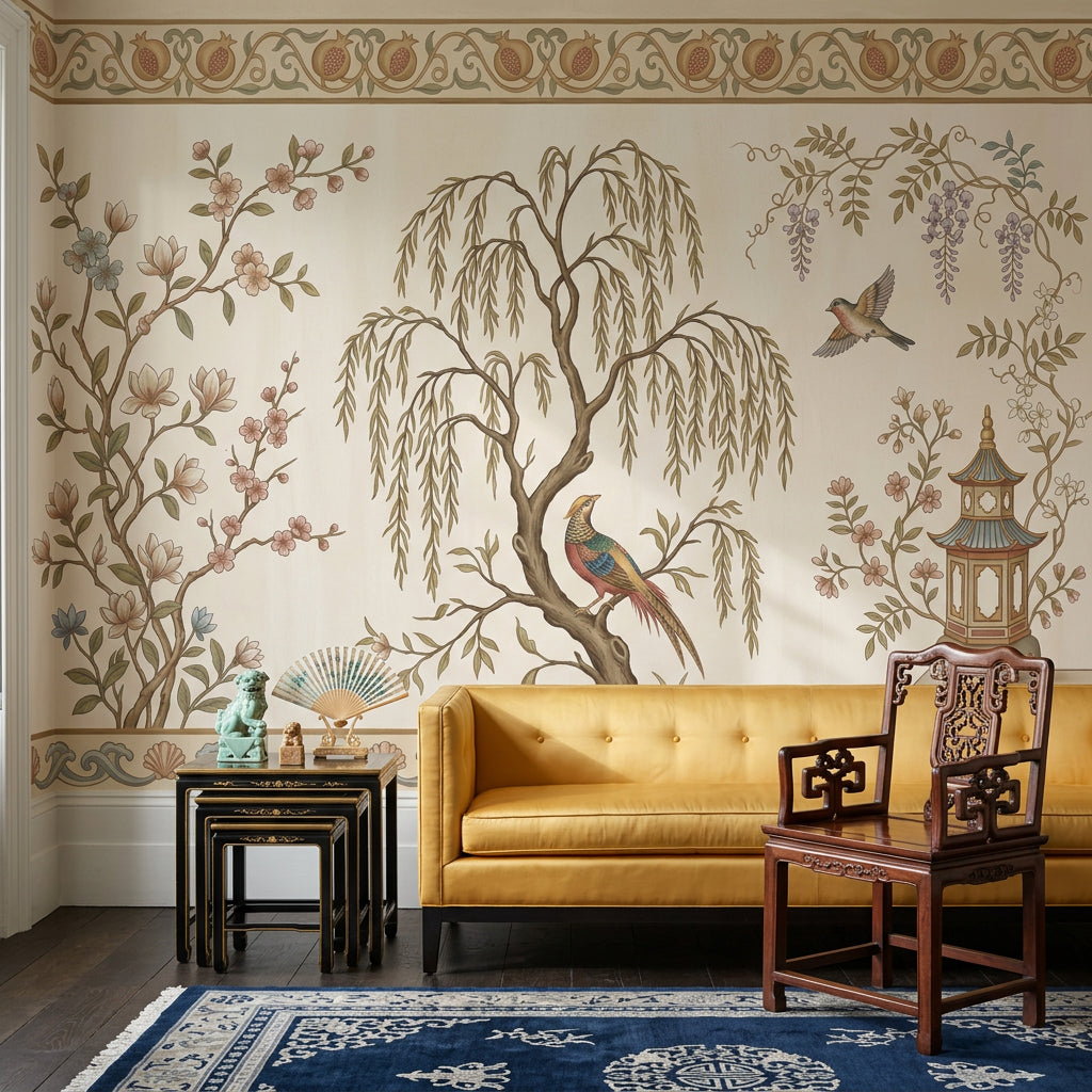 Muted Green Wallpaper Sage Chinoiserie Wall Mural