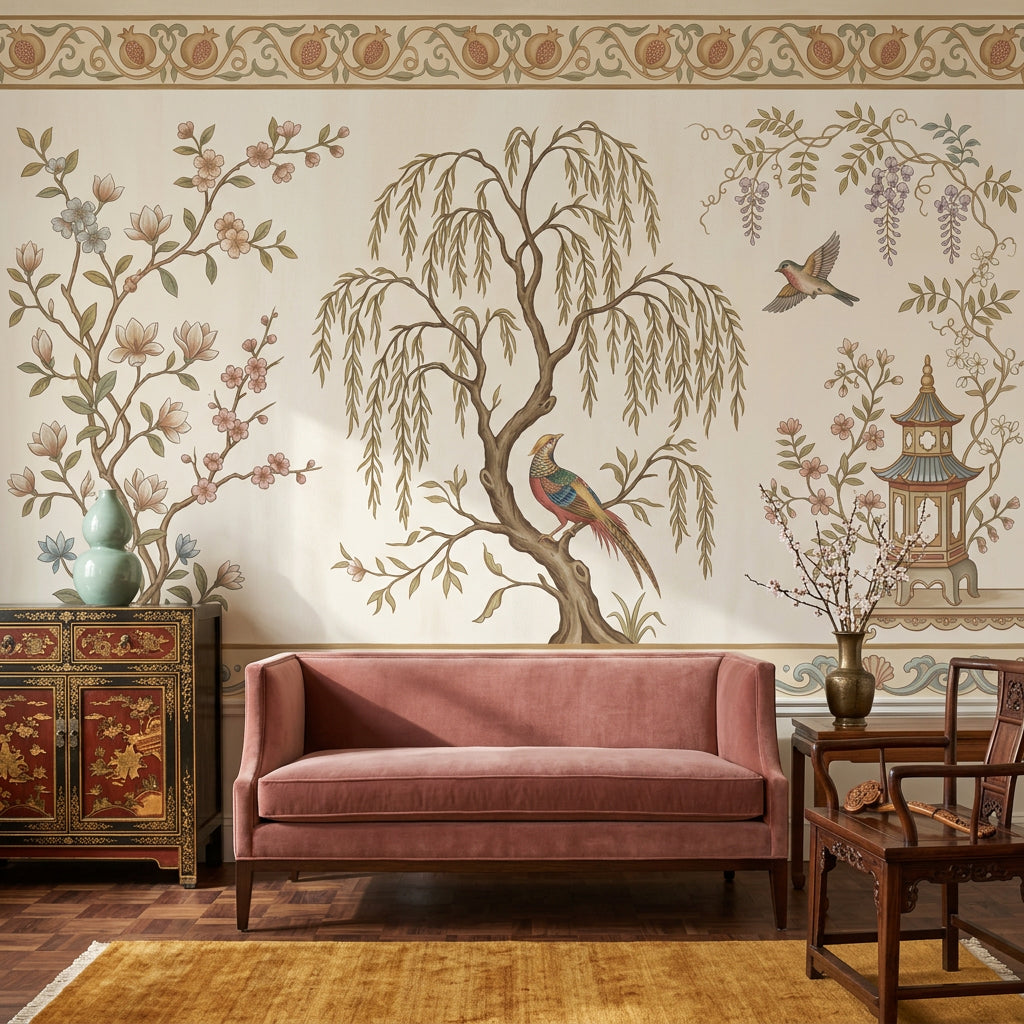 Muted Green Wallpaper Sage Chinoiserie Wall Mural