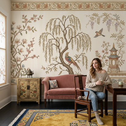Muted Green Wallpaper Sage Chinoiserie Wall Mural