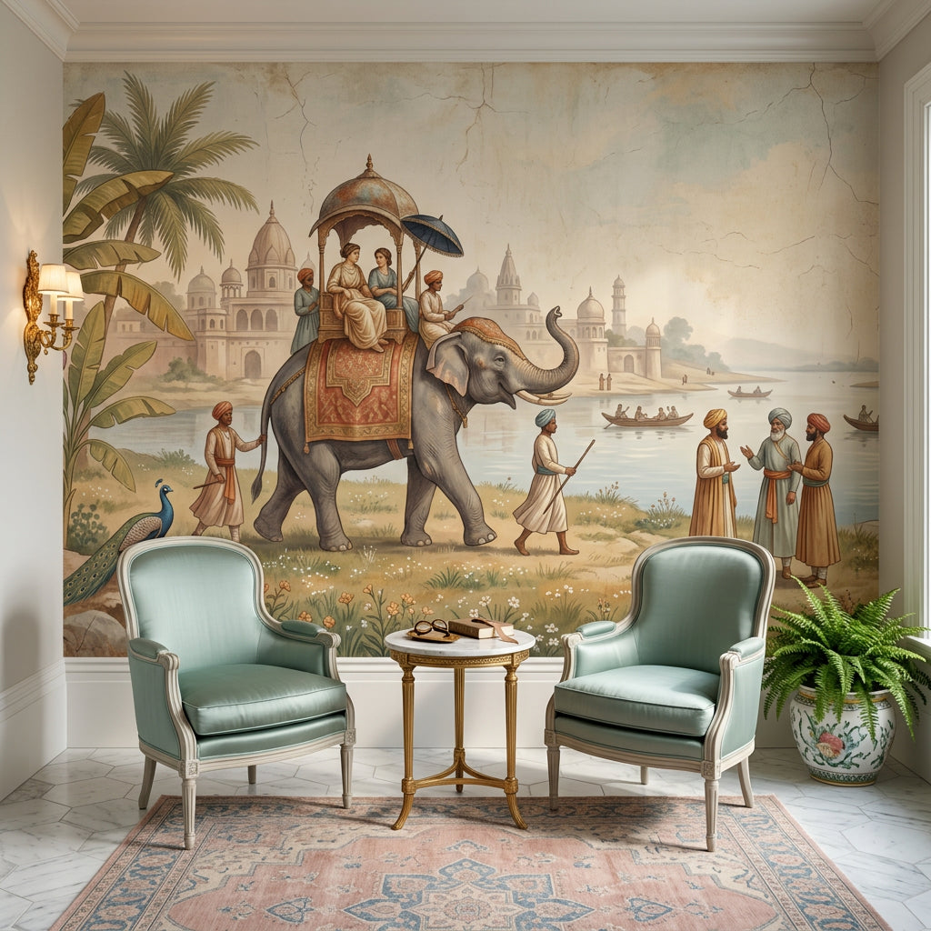 Indian River Landscape Wallpaper Decorated Elephant Mughal Palace Domes Removable Wall Decor