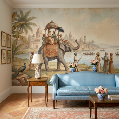 Indian River Landscape Wallpaper Decorated Elephant Mughal Palace Domes Removable Wall Decor