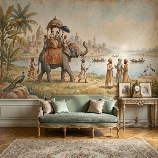 Indian River Landscape Wallpaper Decorated Elephant Mughal Palace Domes Removable Wall Decor