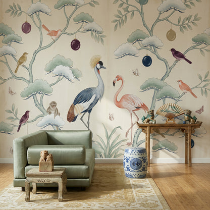 Chinoiserie Wallpaper Cream Background Removable Birds Wall Decor