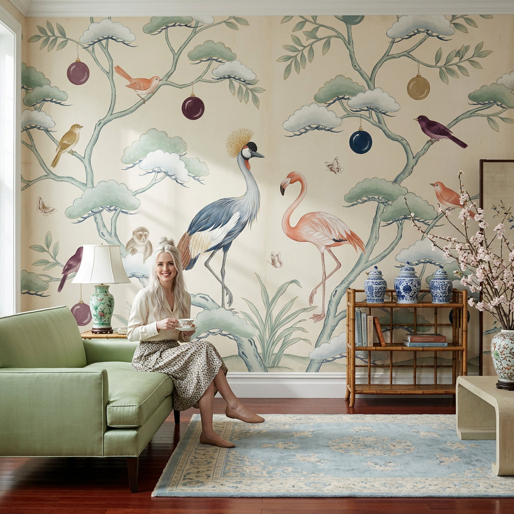 Chinoiserie Wallpaper Cream Background Removable Birds Wall Decor