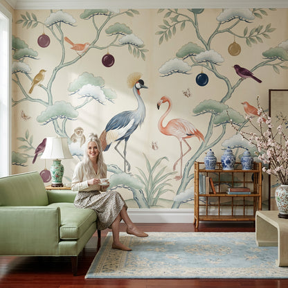 Chinoiserie Wallpaper Cream Background Removable Birds Wall Decor