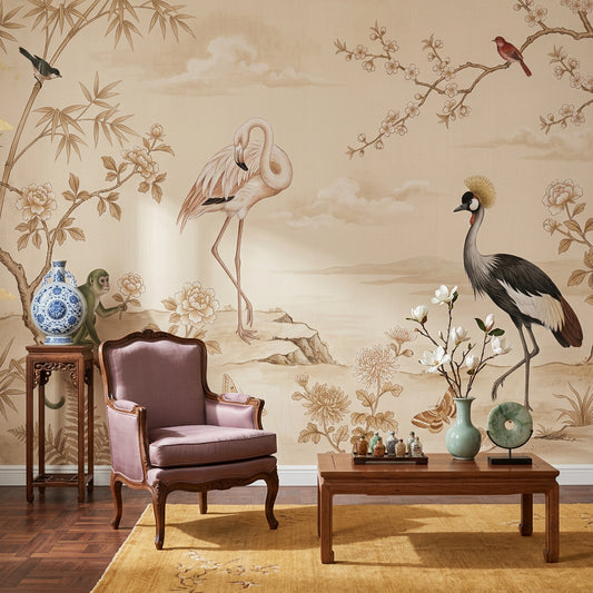 Landscape Mural Wallpaper Bamboo Flamingo Removable Wall Decor