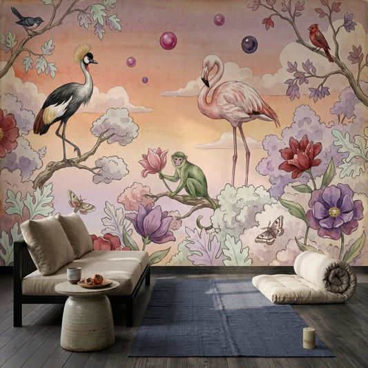 Surreal Garden Wallpaper Flamingo Watercolor Illustration Wall Mural
