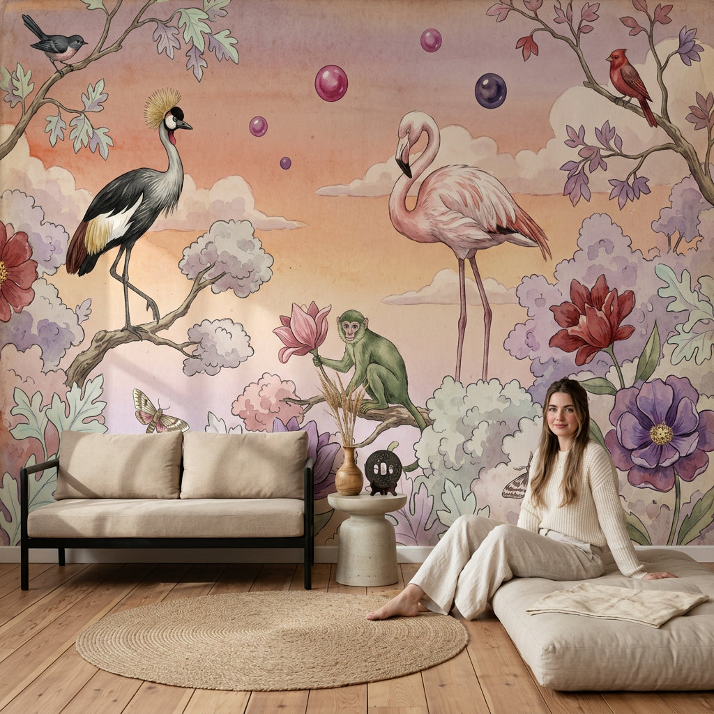 Surreal Garden Wallpaper Flamingo Watercolor Illustration Wall Mural
