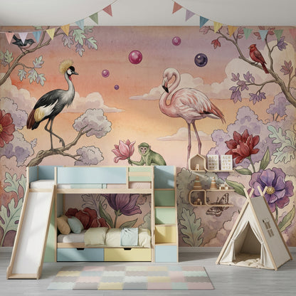 Surreal Garden Wallpaper Flamingo Watercolor Illustration Wall Mural