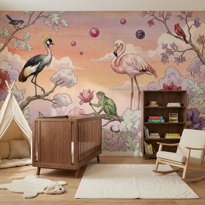 Surreal Garden Wallpaper Flamingo Watercolor Illustration Wall Mural
