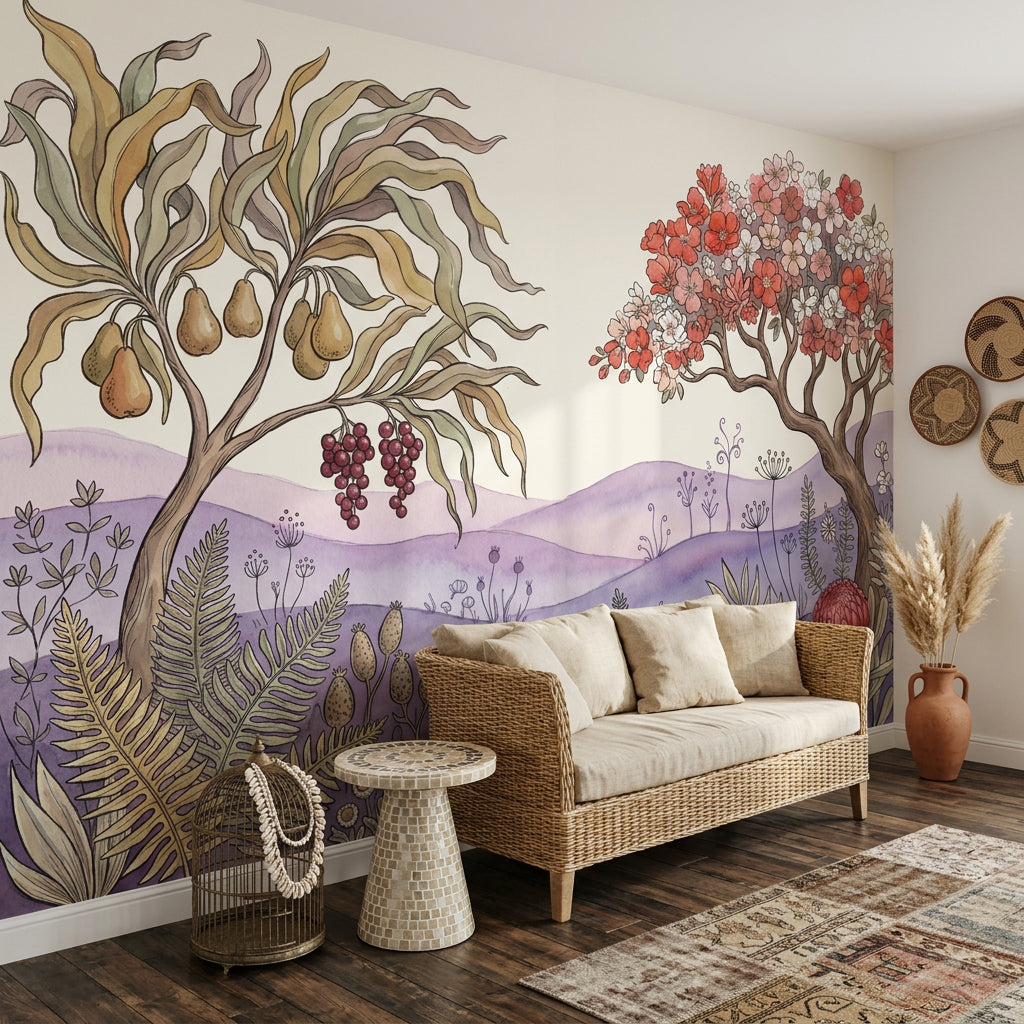 Botanical Wallpaper Floral Landscape Watercolor Illustration Wall Mural