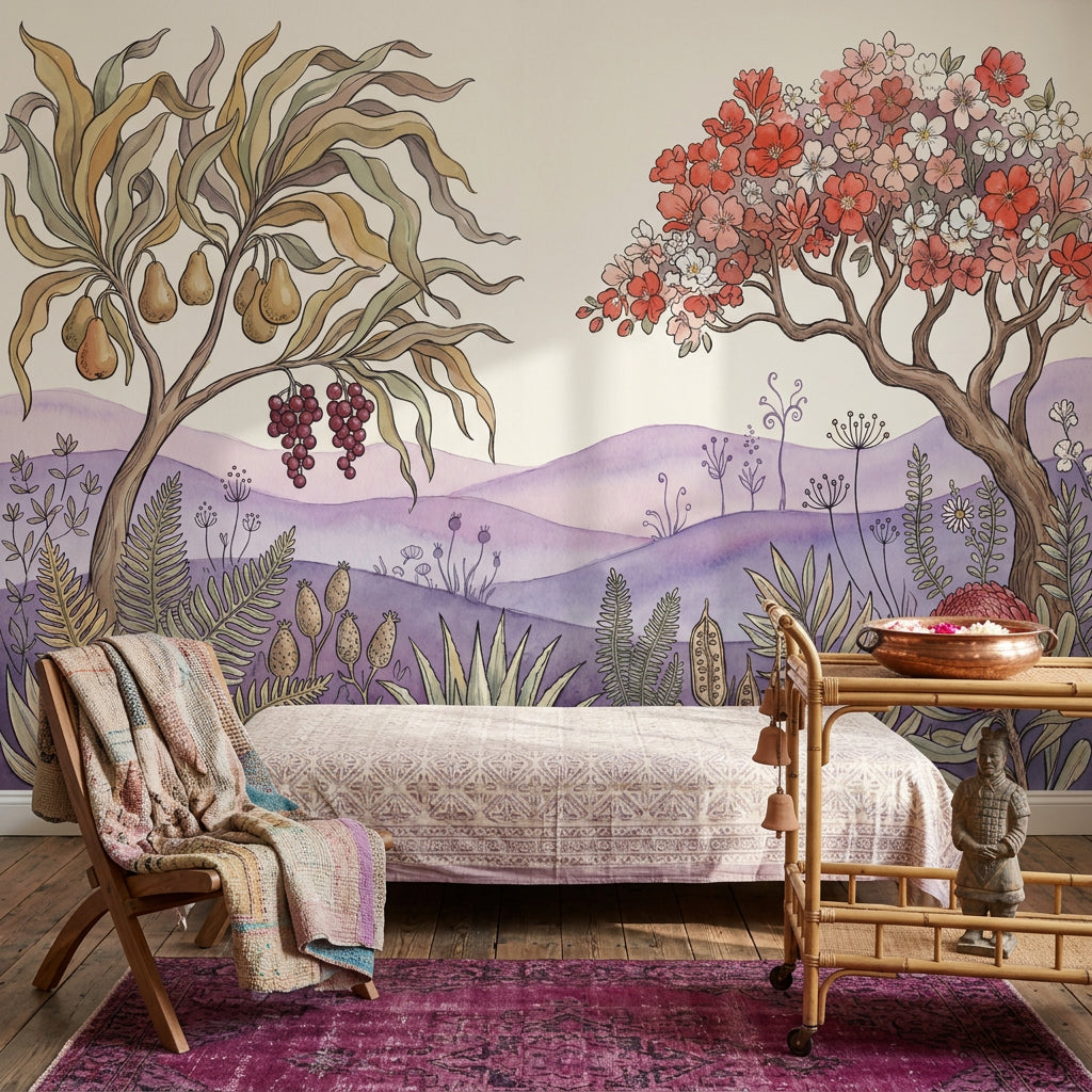 Botanical Wallpaper Floral Landscape Watercolor Illustration Wall Mural