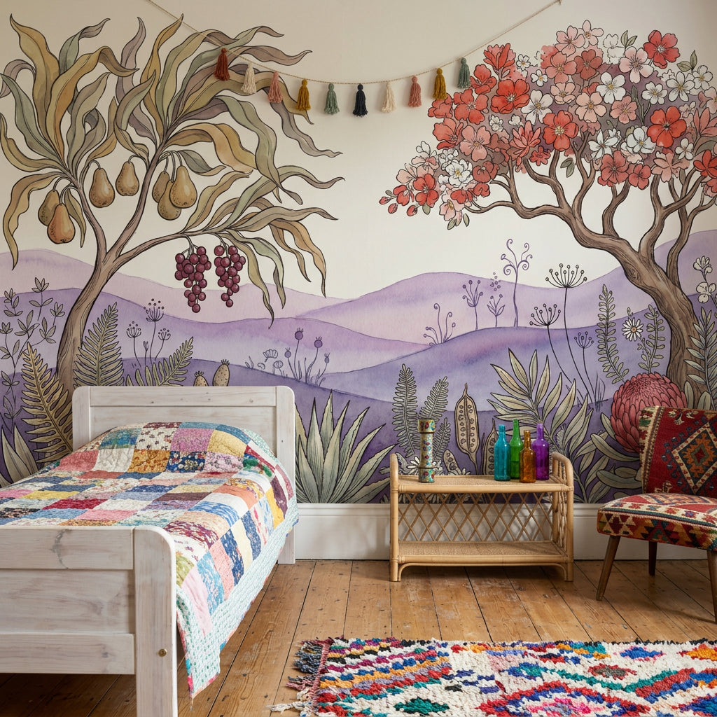 Botanical Wallpaper Floral Landscape Watercolor Illustration Wall Mural