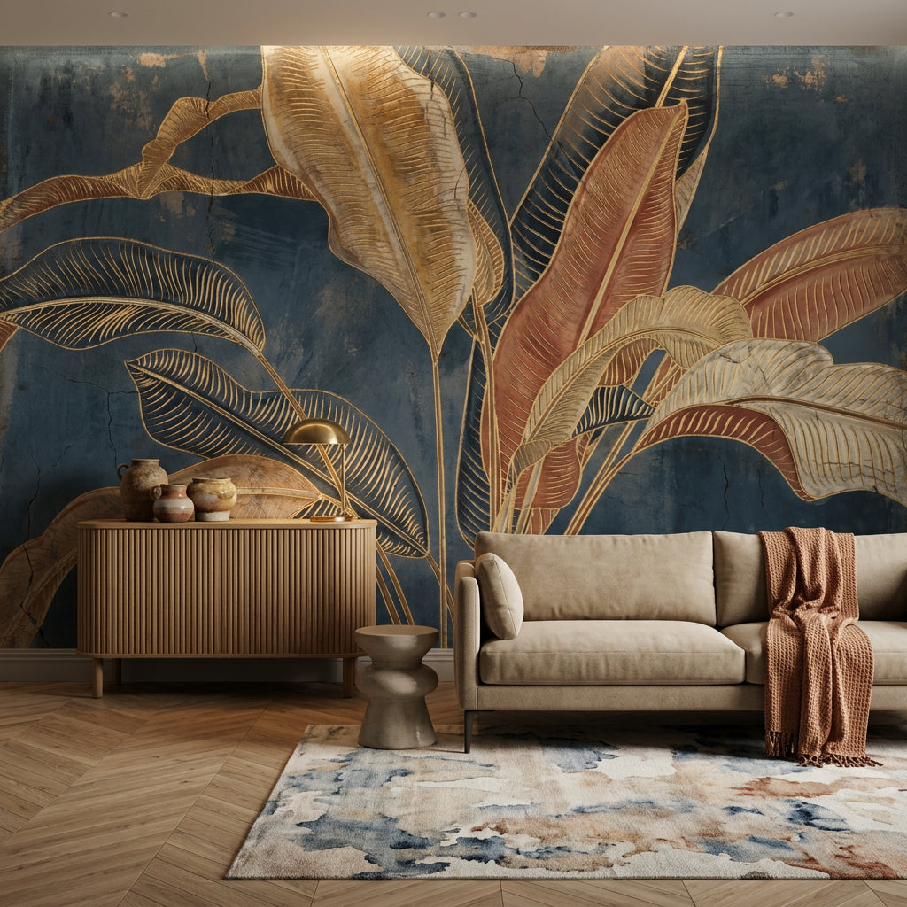 Tropical Leaves Wallpaper Botanical Navy Background Wall Mural