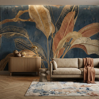Tropical Leaves Wallpaper Botanical Navy Background Wall Mural