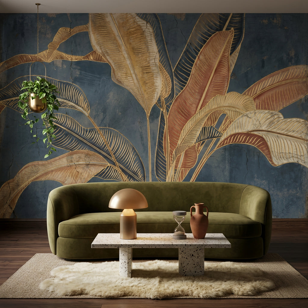 Tropical Leaves Wallpaper Botanical Navy Background Wall Mural