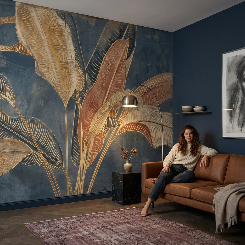 Tropical Leaves Wallpaper Botanical Navy Background Wall Mural