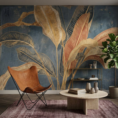 Tropical Leaves Wallpaper Botanical Navy Background Wall Mural