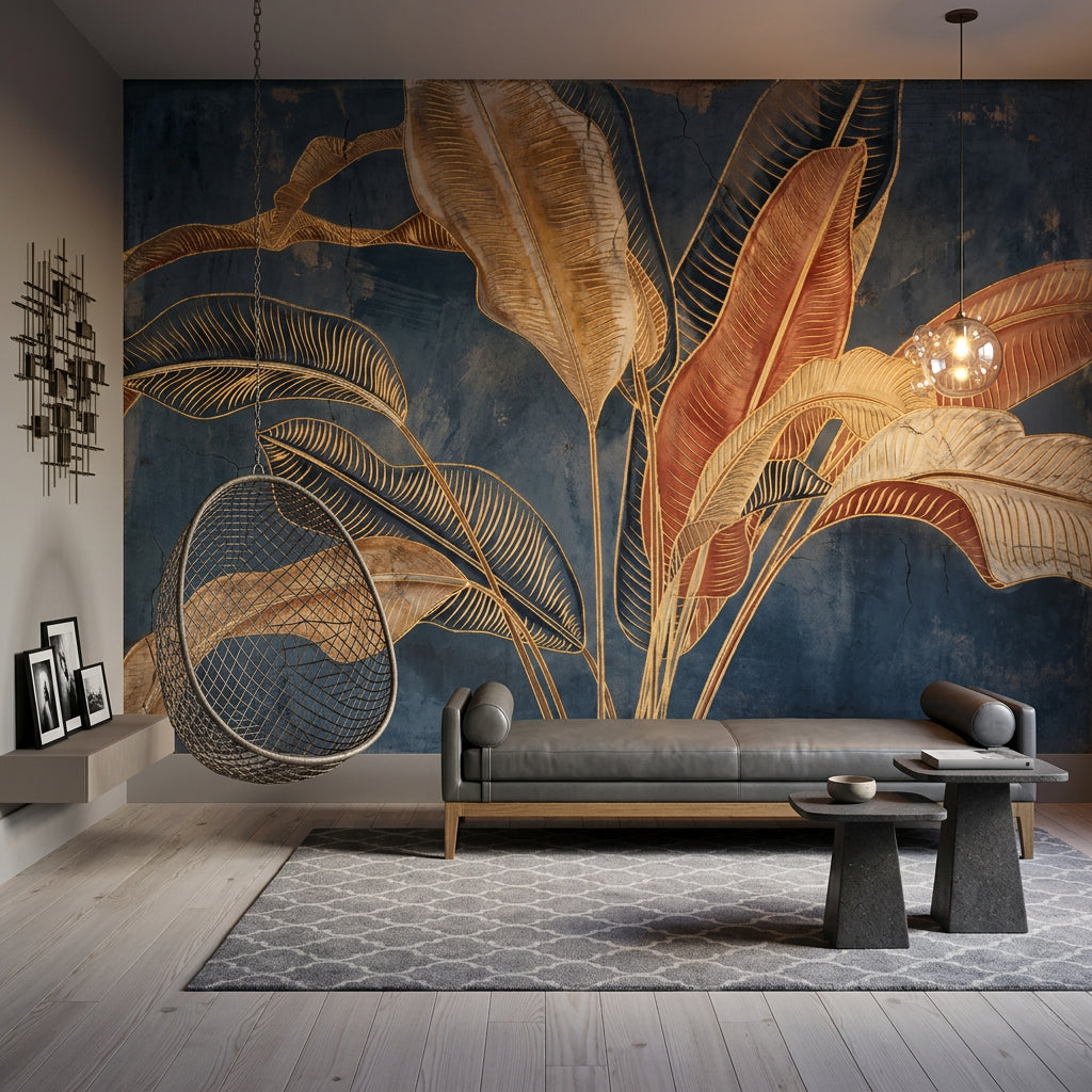 Tropical Leaves Wallpaper Botanical Navy Background Wall Mural