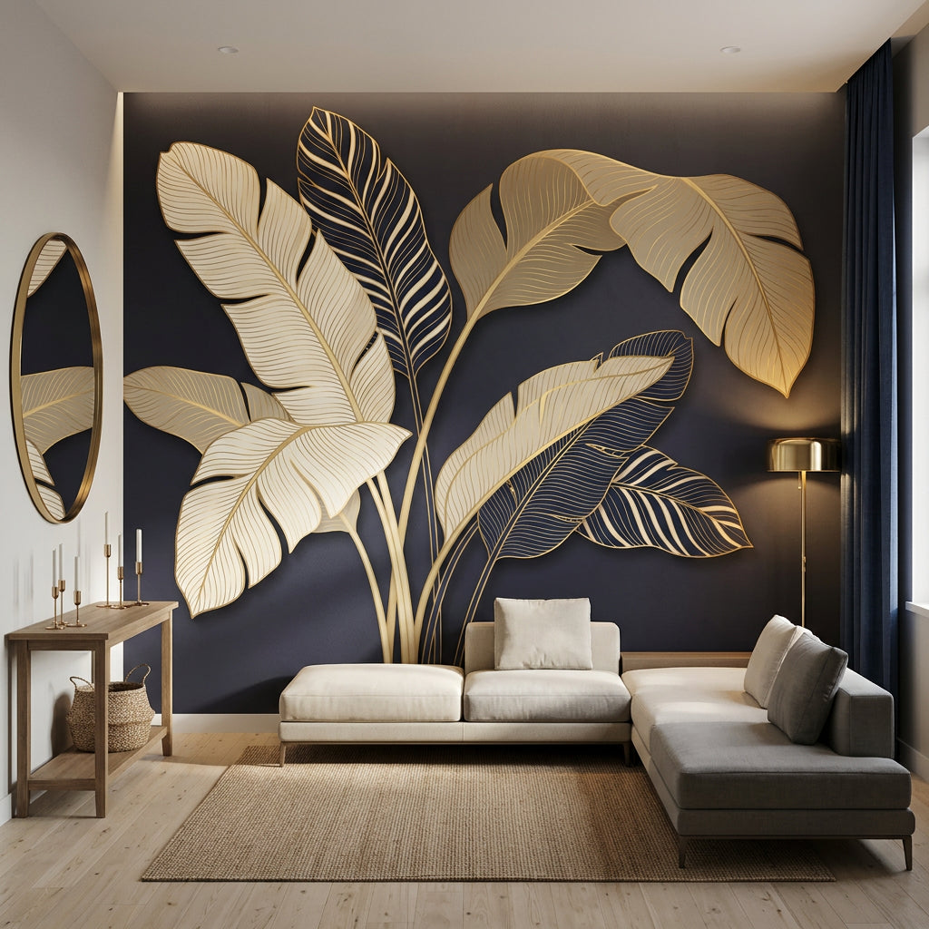 Botanical Mural Wallpaper Dark Navy Background Removable Tropical Leaves Wall Decor