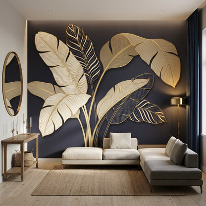 Botanical Mural Wallpaper Dark Navy Background Removable Tropical Leaves Wall Decor