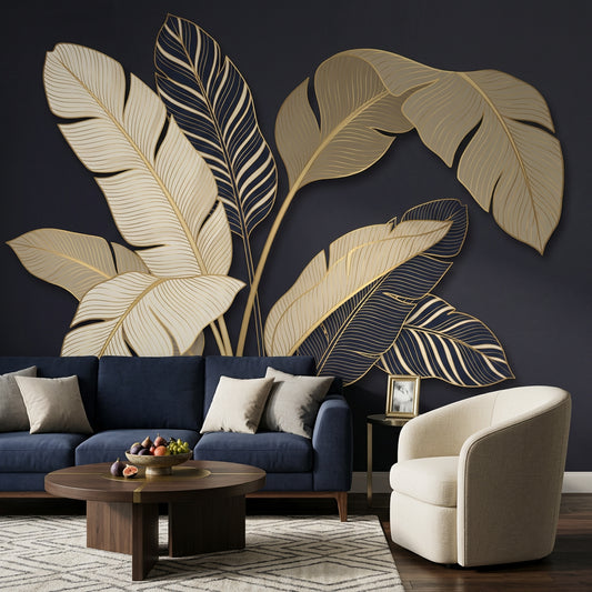 Botanical Mural Wallpaper Dark Navy Background Removable Tropical Leaves Wall Decor