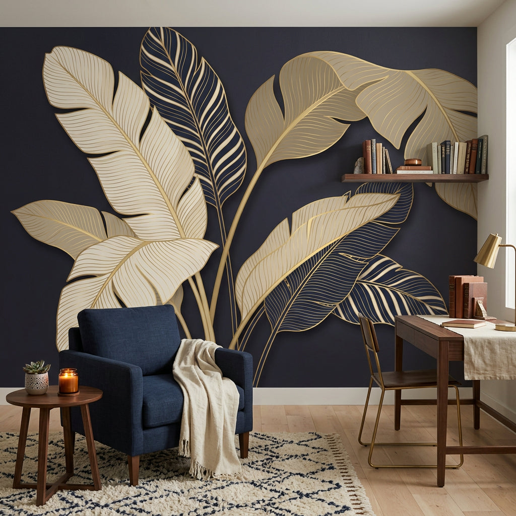 Botanical Mural Wallpaper Dark Navy Background Removable Tropical Leaves Wall Decor
