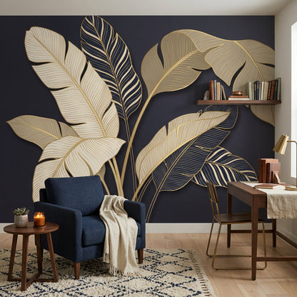 Botanical Mural Wallpaper Dark Navy Background Removable Tropical Leaves Wall Decor