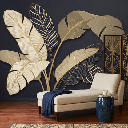 Botanical Mural Wallpaper Dark Navy Background Removable Tropical Leaves Wall Decor