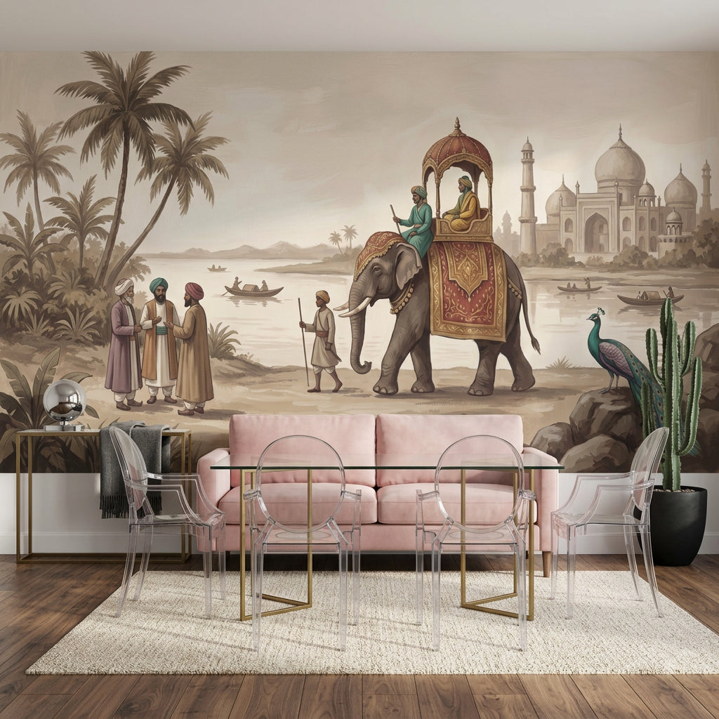 Indian Landscape Wallpaper Taj Mahal Decorated Elephant Removable Wall Decor