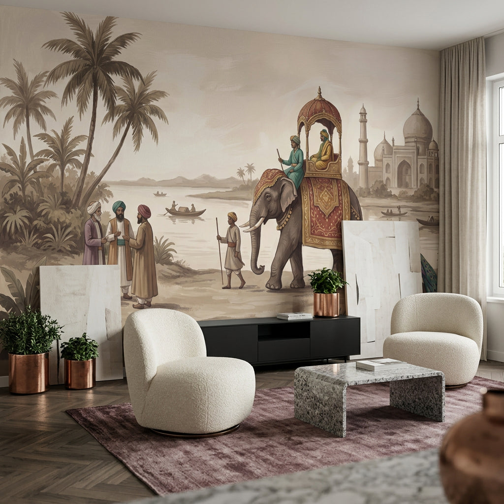 Indian Landscape Wallpaper Taj Mahal Decorated Elephant Removable Wall Decor