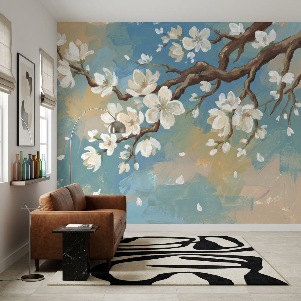 Blossom Branch Wallpaper White Flowers Removable Painterly Wall Decor