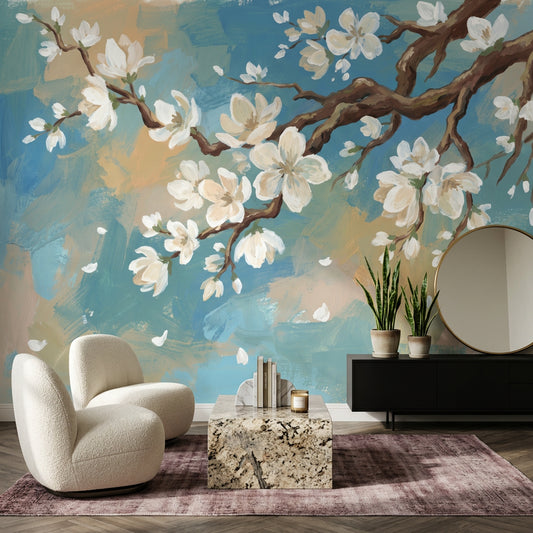 Blossom Branch Wallpaper White Flowers Removable Painterly Wall Decor