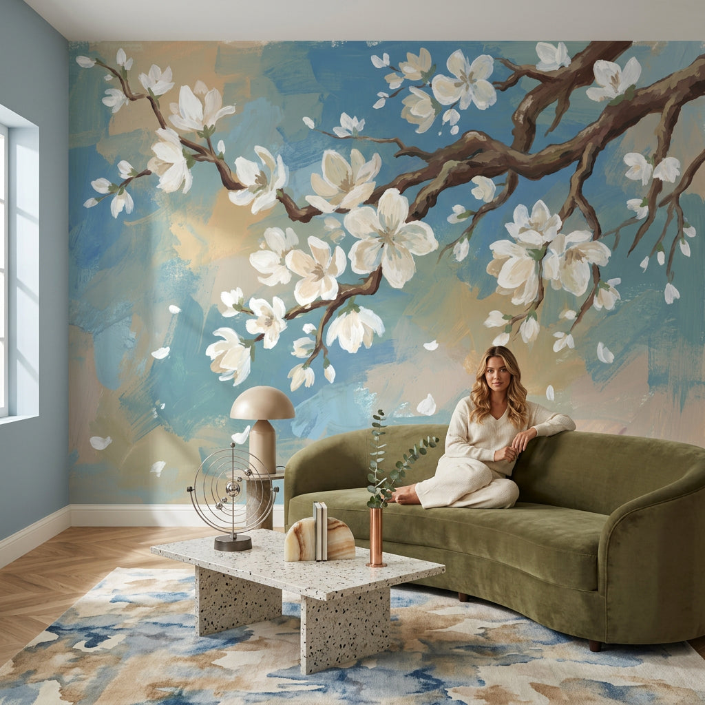 Blossom Branch Wallpaper White Flowers Removable Painterly Wall Decor