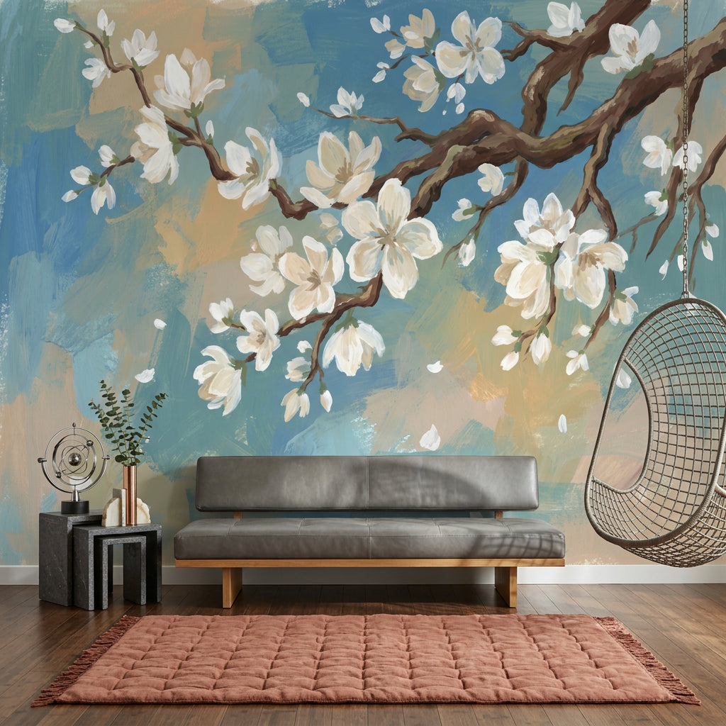 Blossom Branch Wallpaper White Flowers Removable Painterly Wall Decor