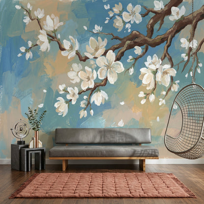 Blossom Branch Wallpaper White Flowers Removable Painterly Wall Decor