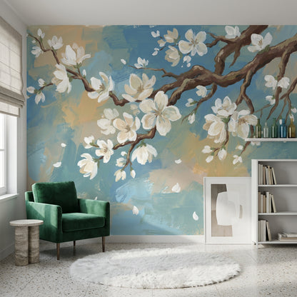 Blossom Branch Wallpaper White Flowers Removable Painterly Wall Decor