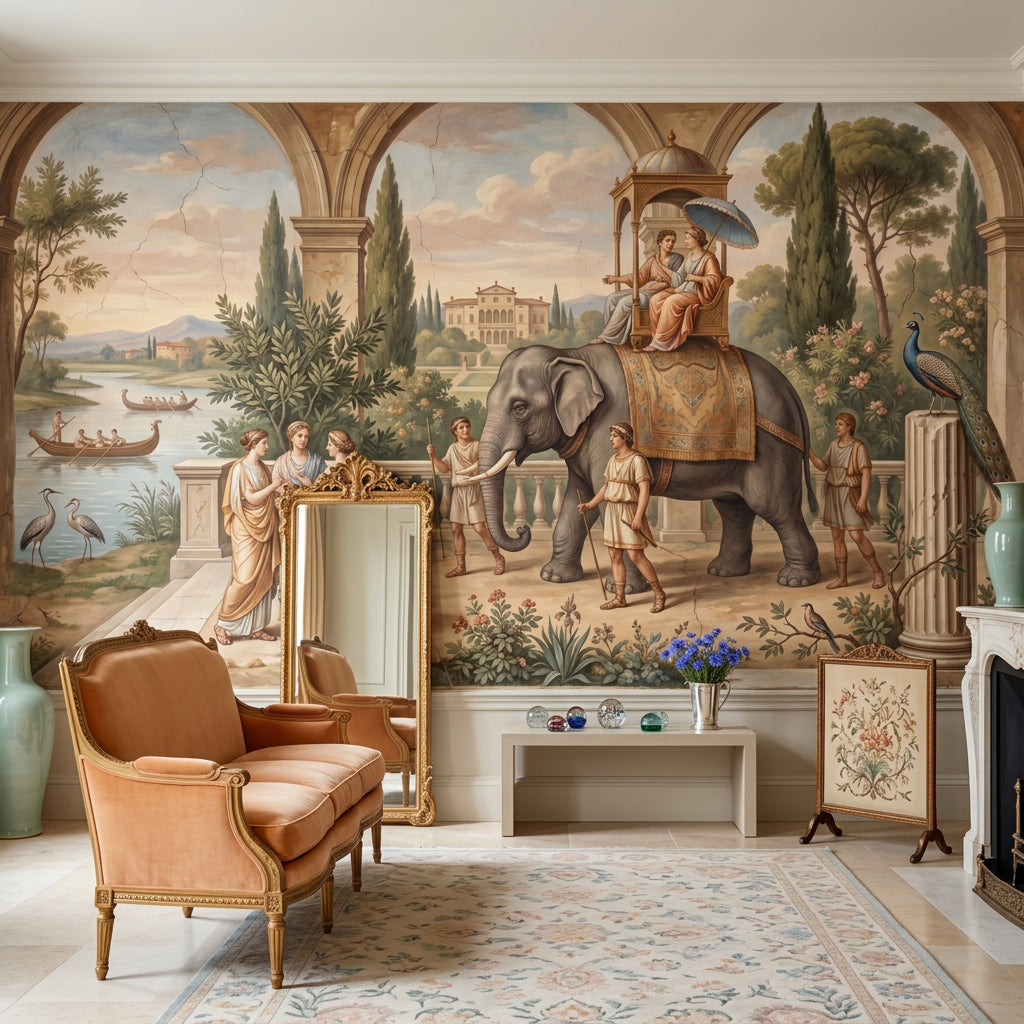 Classical Landscape Mural Wallpaper Ancient Roman Garden Elephant Procession Removable Wall Decor