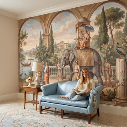Classical Landscape Mural Wallpaper Ancient Roman Garden Elephant Procession Removable Wall Decor