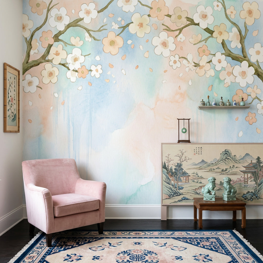 Cherry Blossom Wallpaper Watercolor Floral Branches Wall Mural