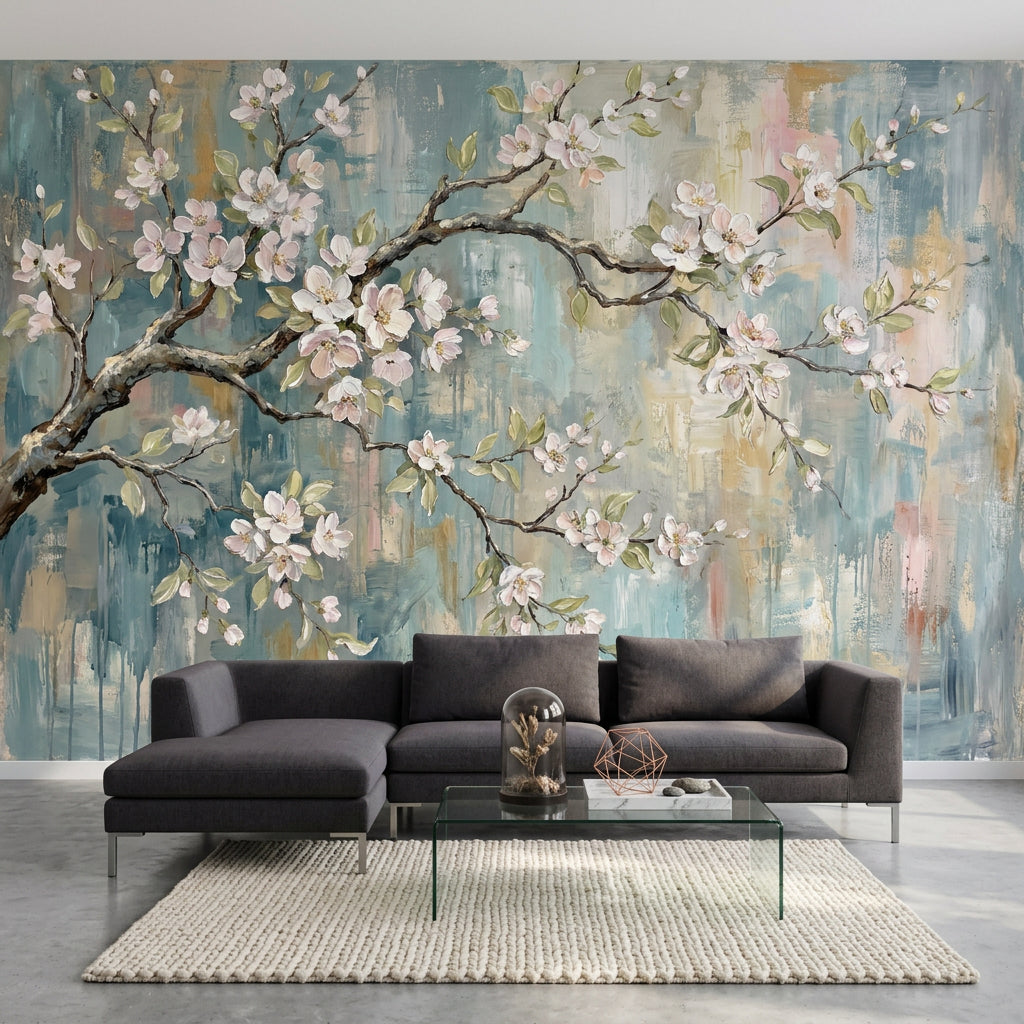 Cherry Blossom Wallpaper Floral Branch Hand Painted Removable Wall Decor