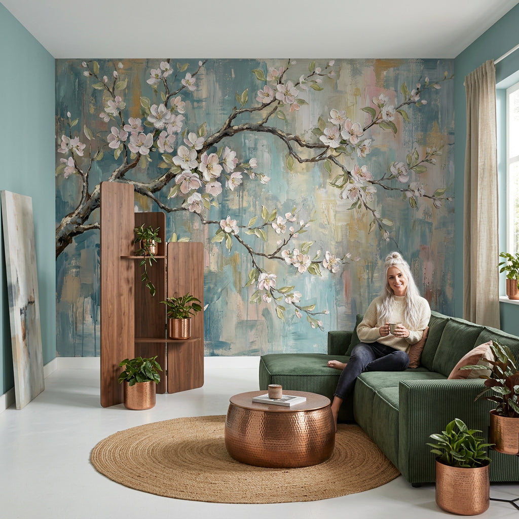 Cherry Blossom Wallpaper Floral Branch Hand Painted Removable Wall Decor