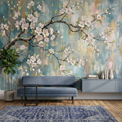 Cherry Blossom Wallpaper Floral Branch Hand Painted Removable Wall Decor