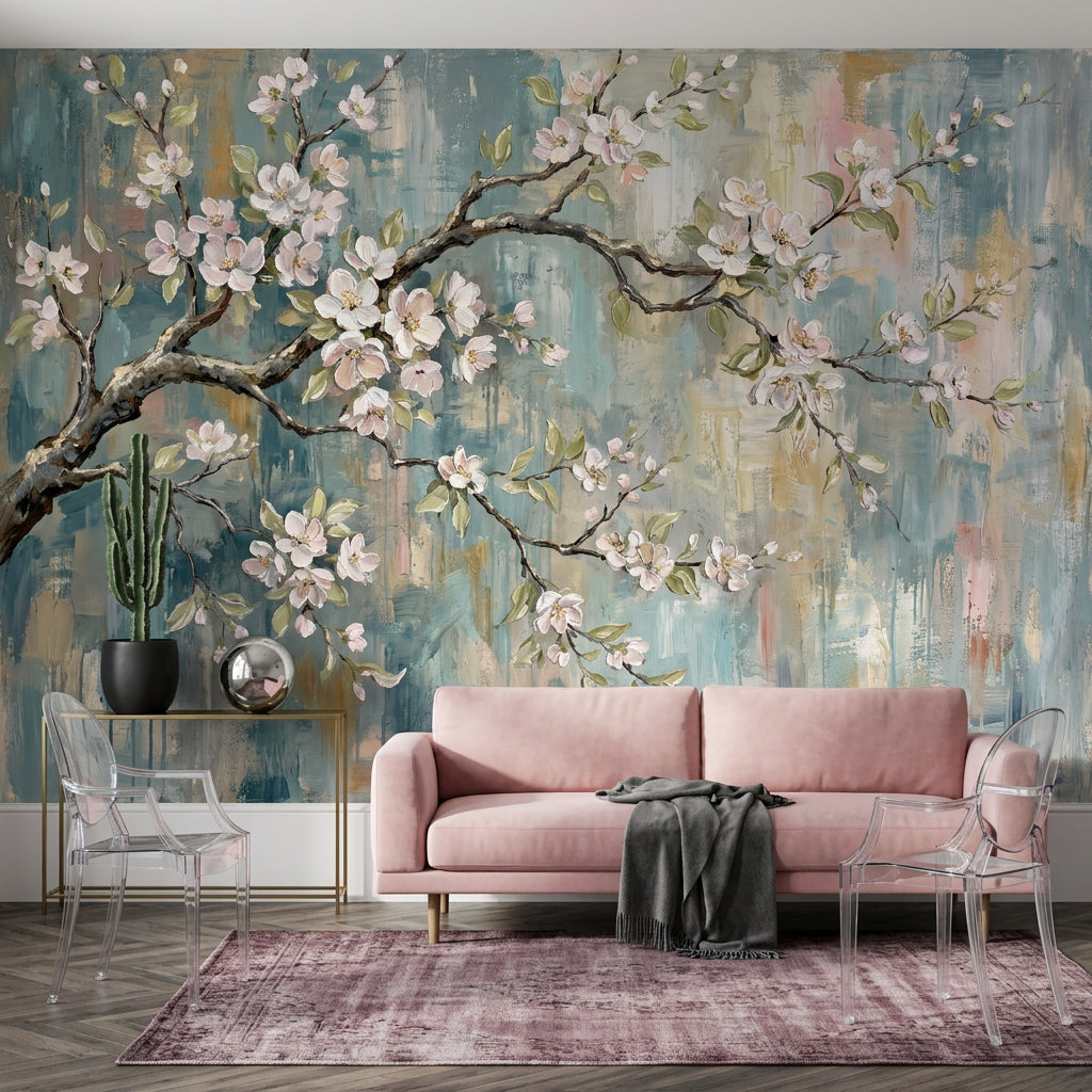 Cherry Blossom Wallpaper Floral Branch Hand Painted Removable Wall Decor
