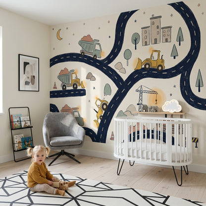 Construction Wallpaper Kids Winding Road Wall Mural