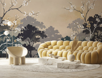 Misty Forest Wallpaper Watercolor Cherry Blossom Wall Mural
