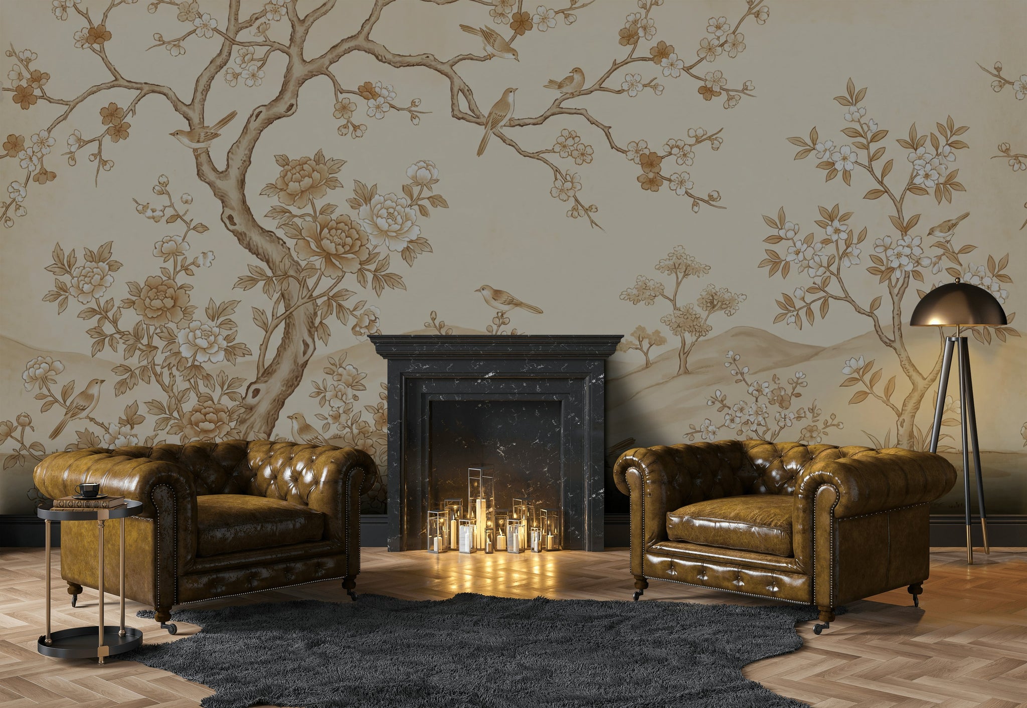 Vintage Chinoiserie Wallpaper Floral Landscape Blossoming Branches Wall Mural