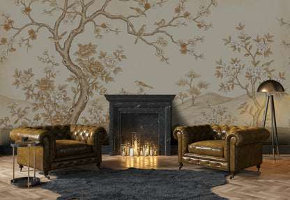 Vintage Chinoiserie Wallpaper Floral Landscape Blossoming Branches Wall Mural